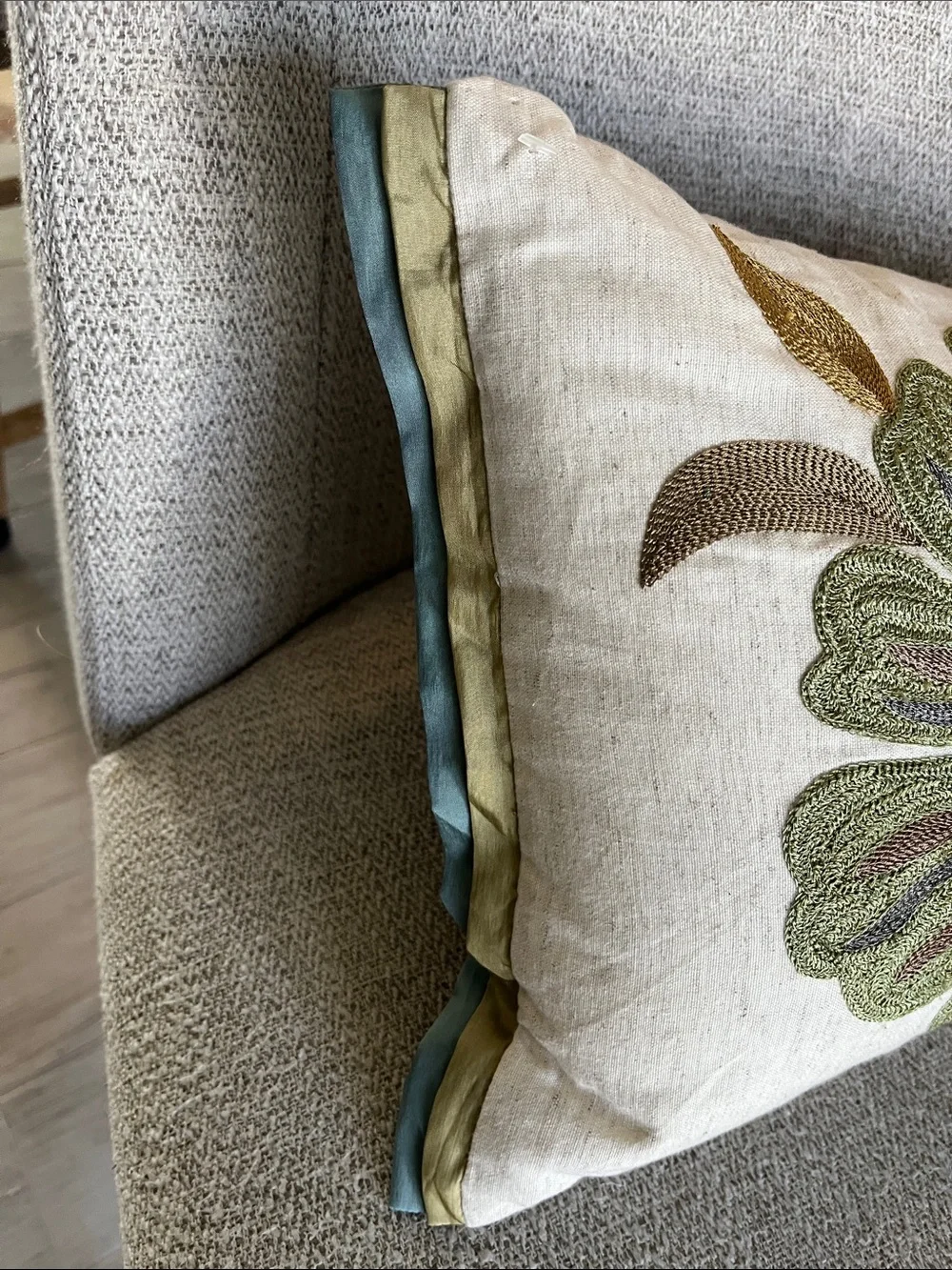 Pier 1 floral embroidered textured  boho lumbar pillow olive teal ribbon trim